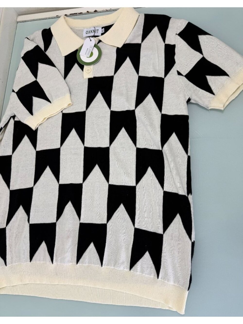 New Oxknit Polo Shirt Mens XL Retro Short Sleeve Cream Black Geometric Artsy NWT